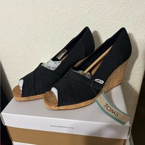 TOMS Black Peep-Toe Wedges